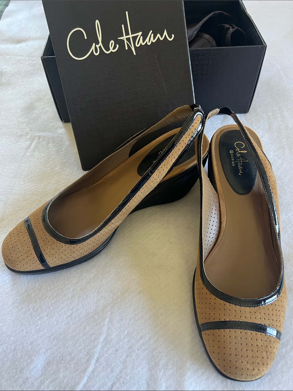 Cole Haan Tan and Black Perforated Slingback Wedges